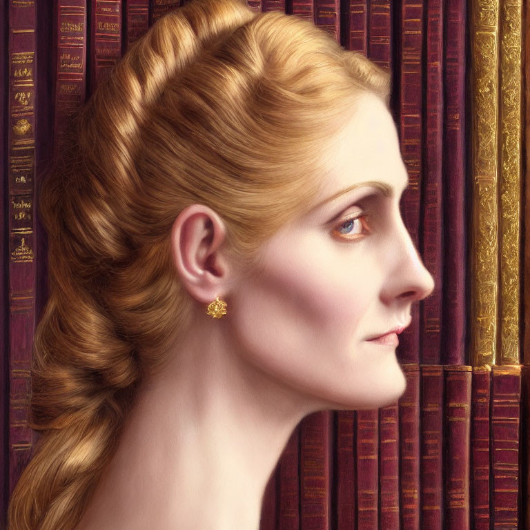 Portrait of woman with braided hair and earring against colorful book spines