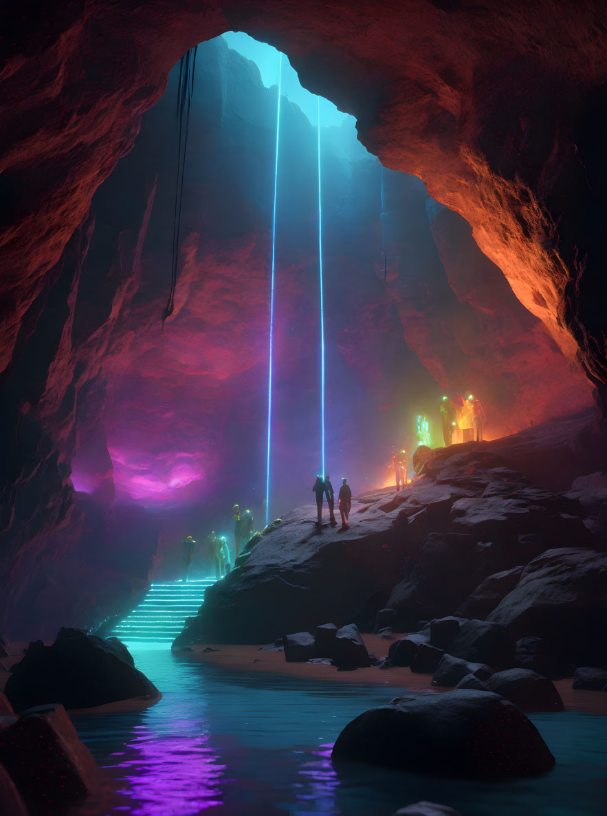 Explorers in vibrant, otherworldly cave with tranquil water and ethereal lighting