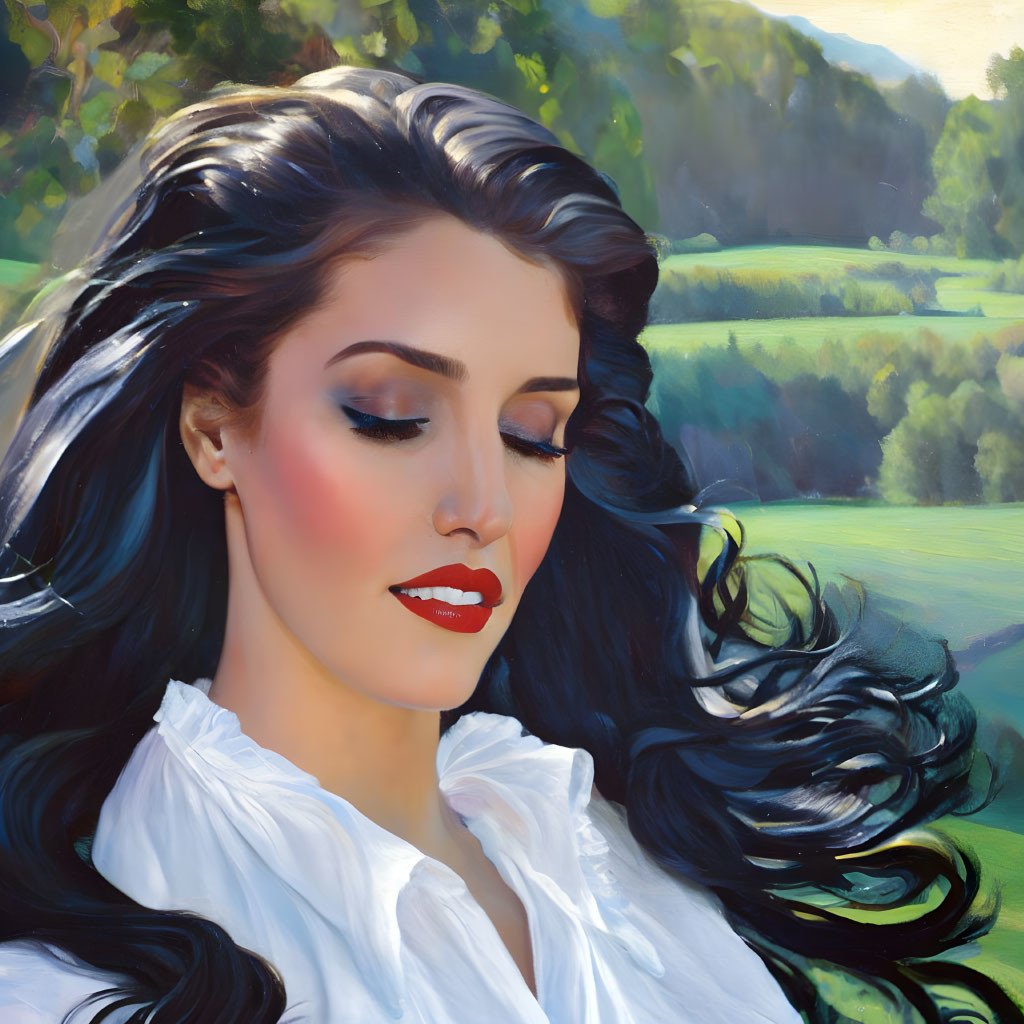 Portrait of woman with dark hair, red lips, white blouse, against green hills