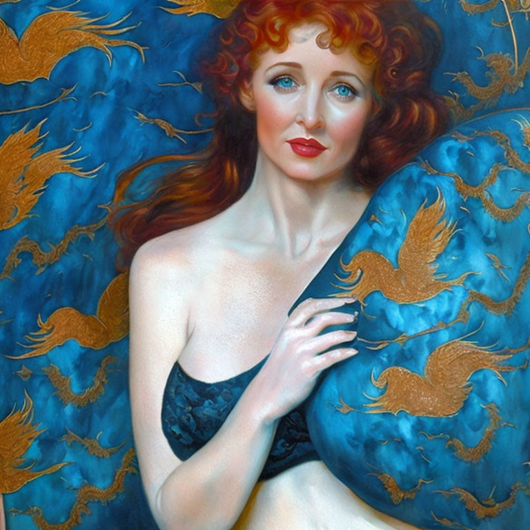 Red-haired woman with blue eyes in golden dragon fabric, gazing upwards