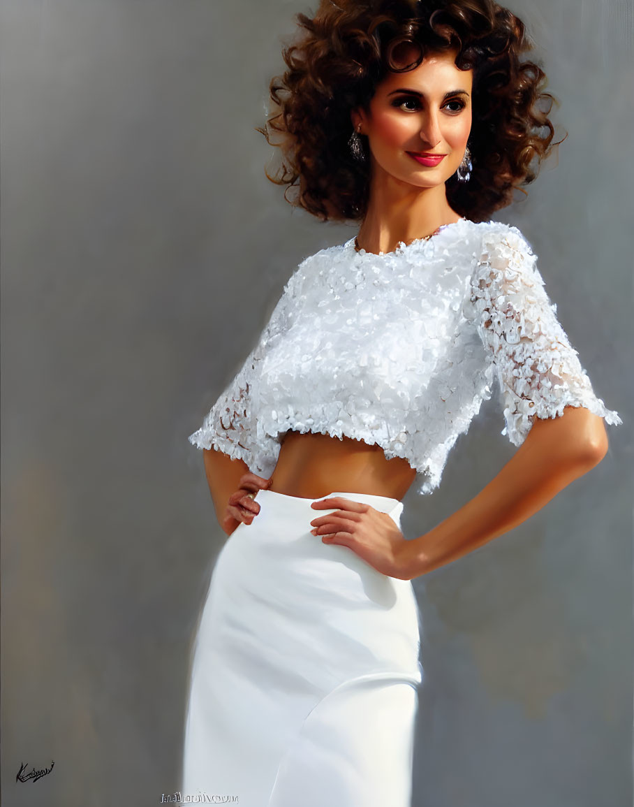 Curly Haired Woman in White Lace Crop Top and Skirt Smiling on Grey Background