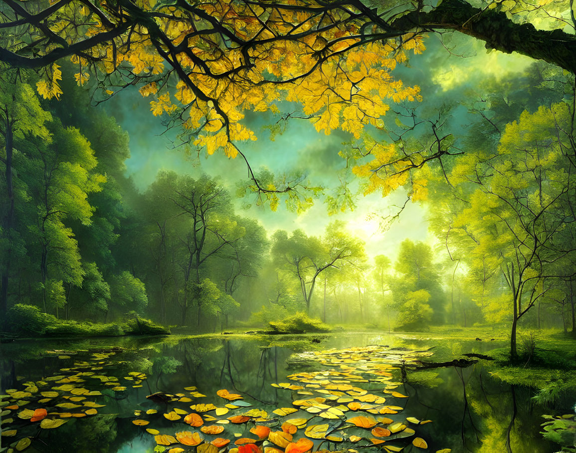 Tranquil forest landscape with sunbeams, river, and autumn foliage