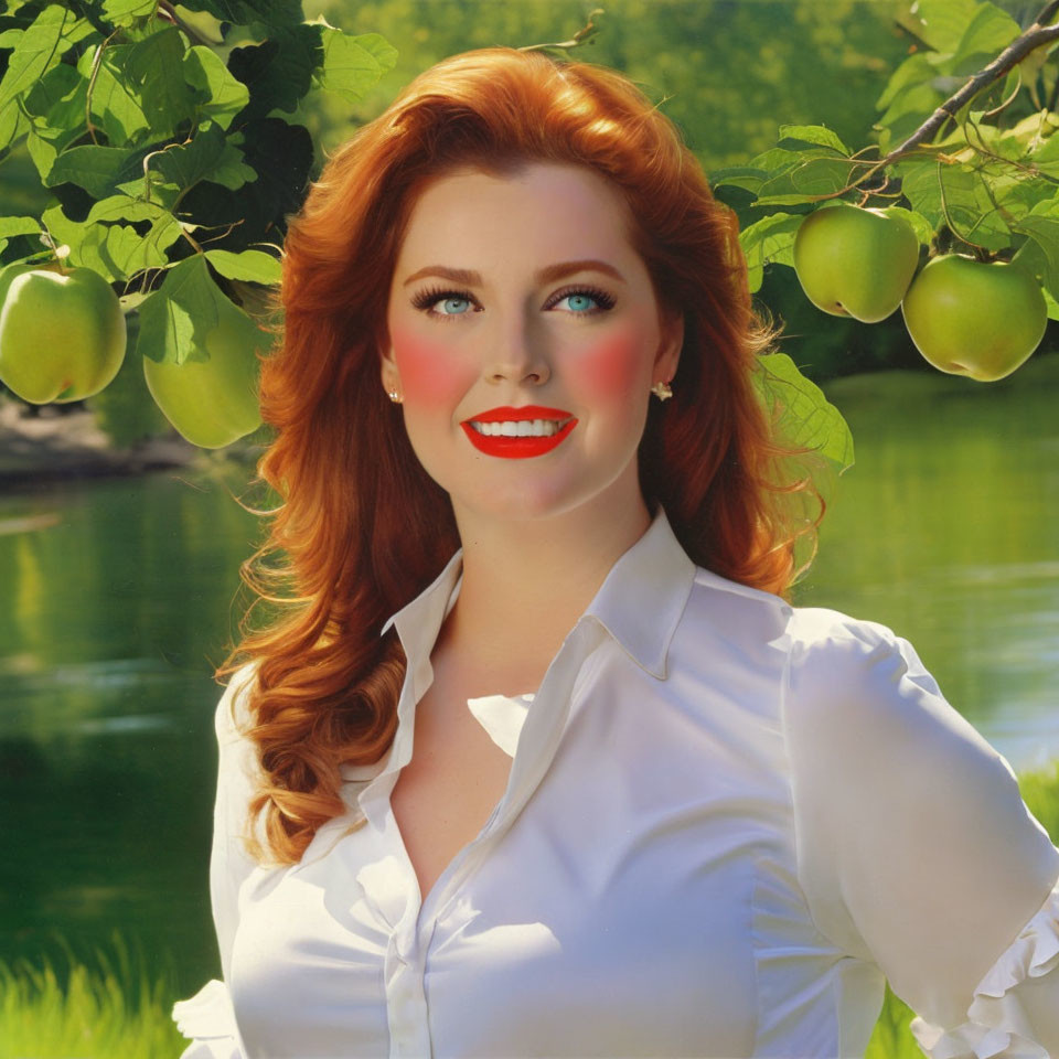 Red-haired woman with vibrant makeup smiling in nature setting