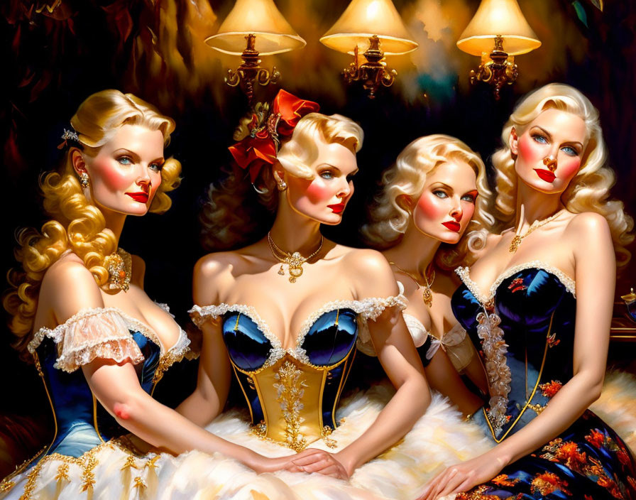 Four women in vintage makeup and luxurious attire under warm lamp light