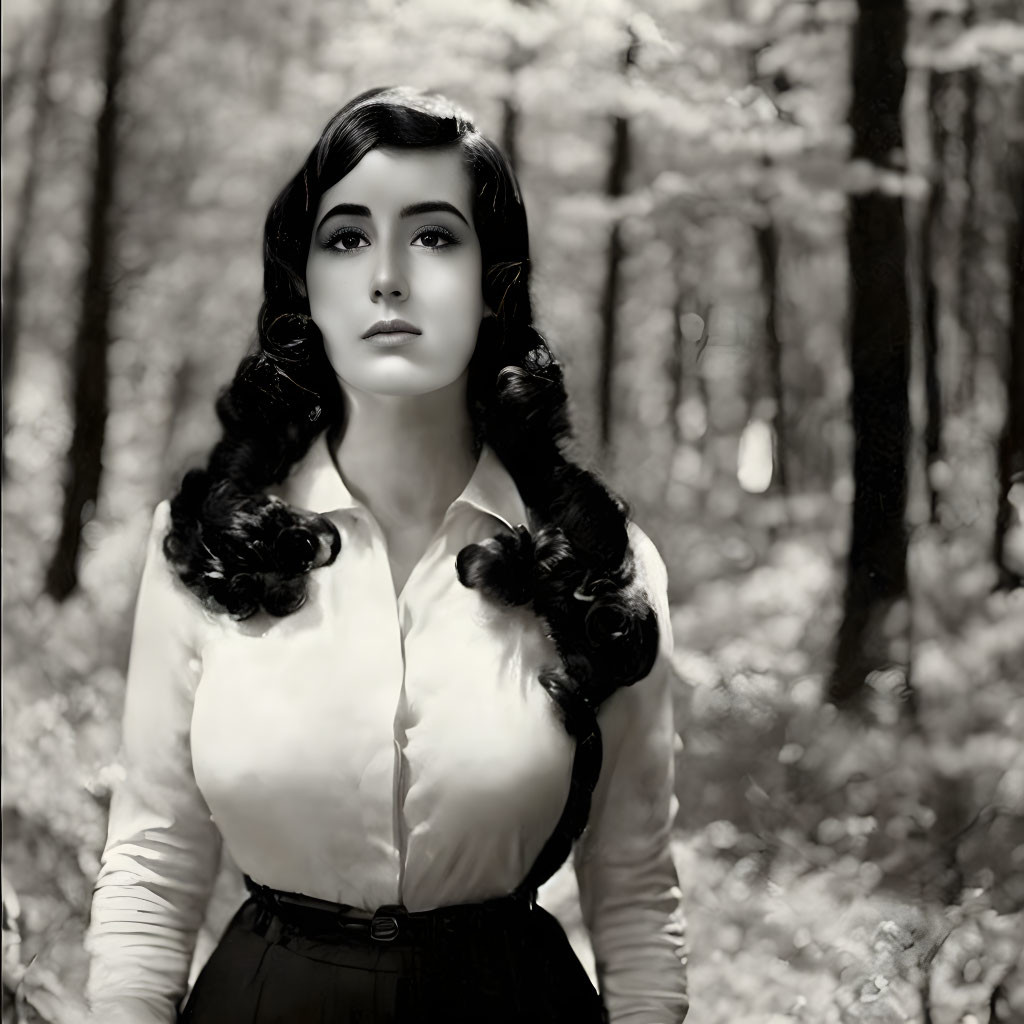 Monochrome portrait of woman in vintage attire in forest