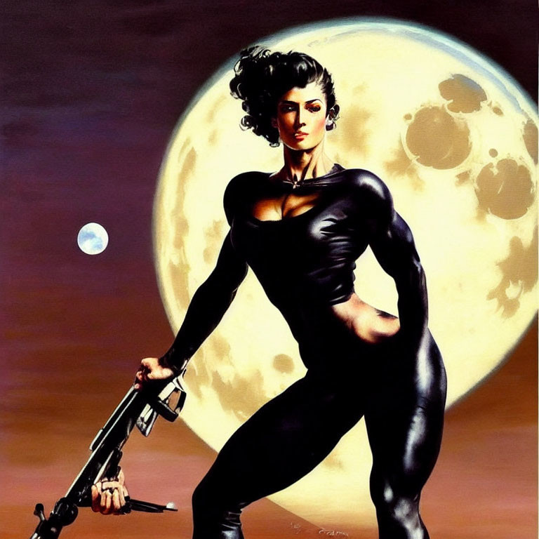 Stylized illustration of confident woman with weapon under moon and planet