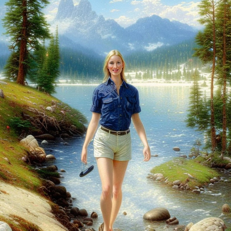 Woman in blue shirt and shorts walking by mountain lake with shoe in hand