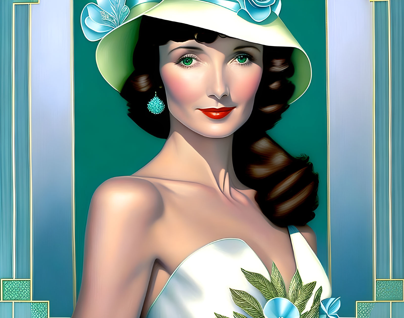 Vintage style woman illustration with wide-brimmed hat and teardrop earrings on art deco background