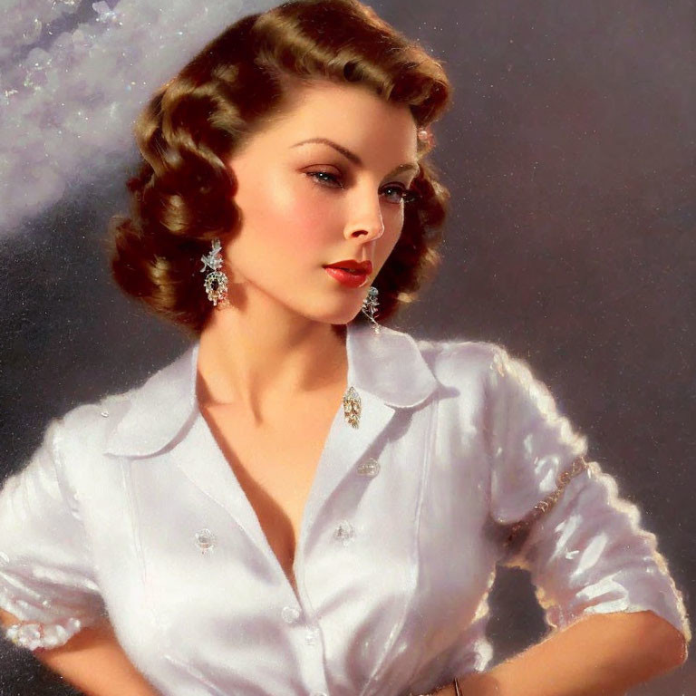 Elegant woman portrait with styled hair, red lipstick, and sparkling earrings