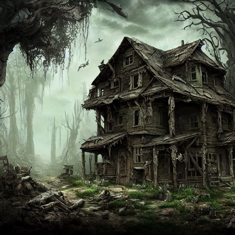 Abandoned wooden house in misty forest with gnarled trees