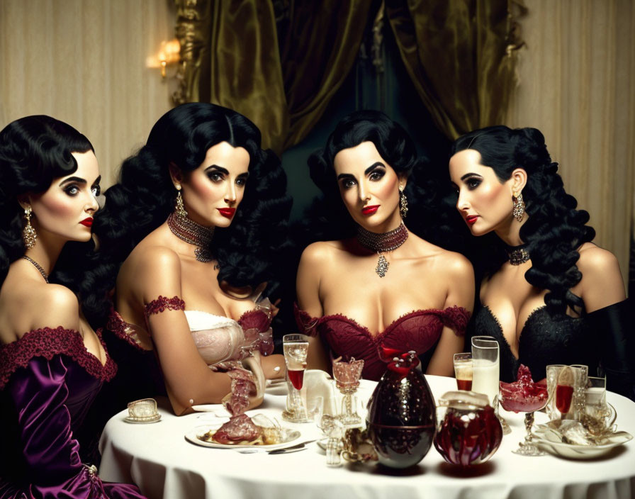 Vintage Attire: Four Women at Elegant Dinner Table