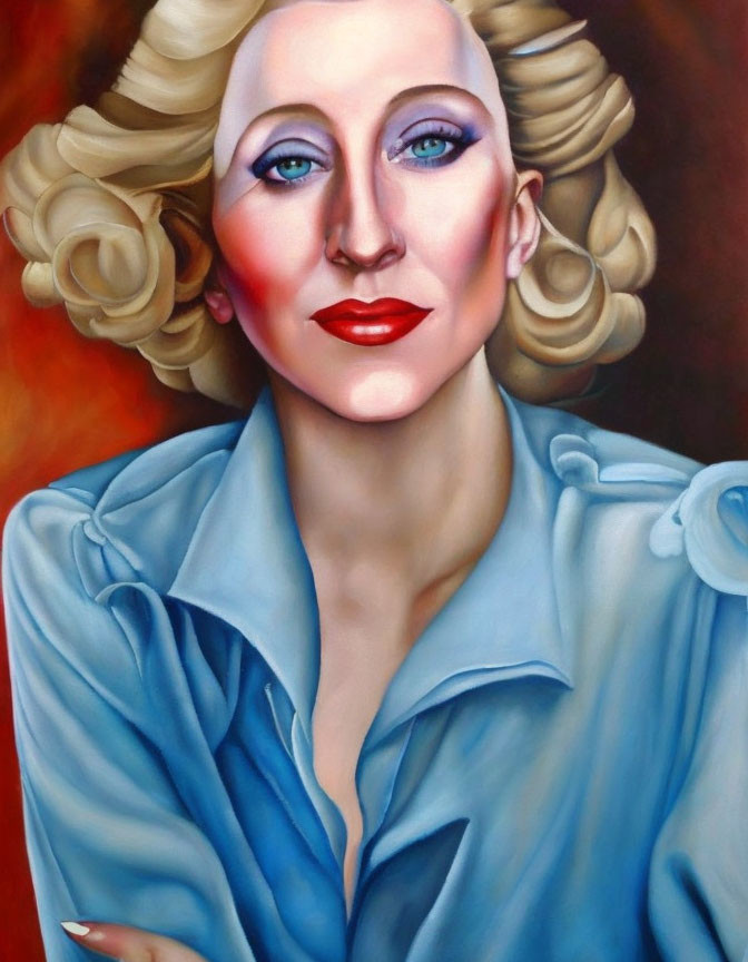 Blonde woman with blue eyeshadow and red lipstick in ruffled blue blouse