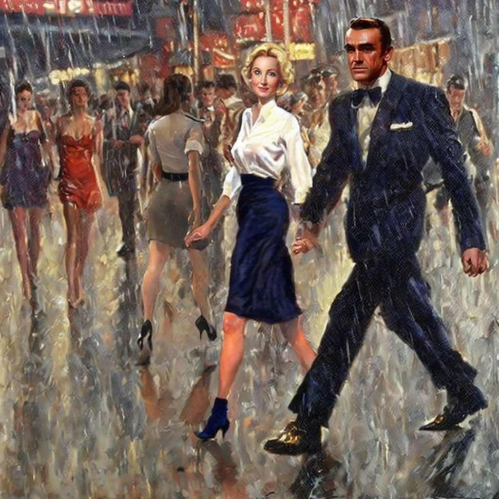 Stylized painting of man and woman in suit and skirt confidently walking through busy crowd