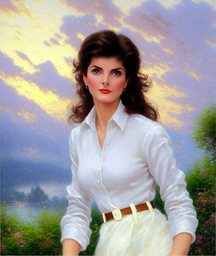 Portrait of woman with dark hair in white shirt by lake & colorful sky