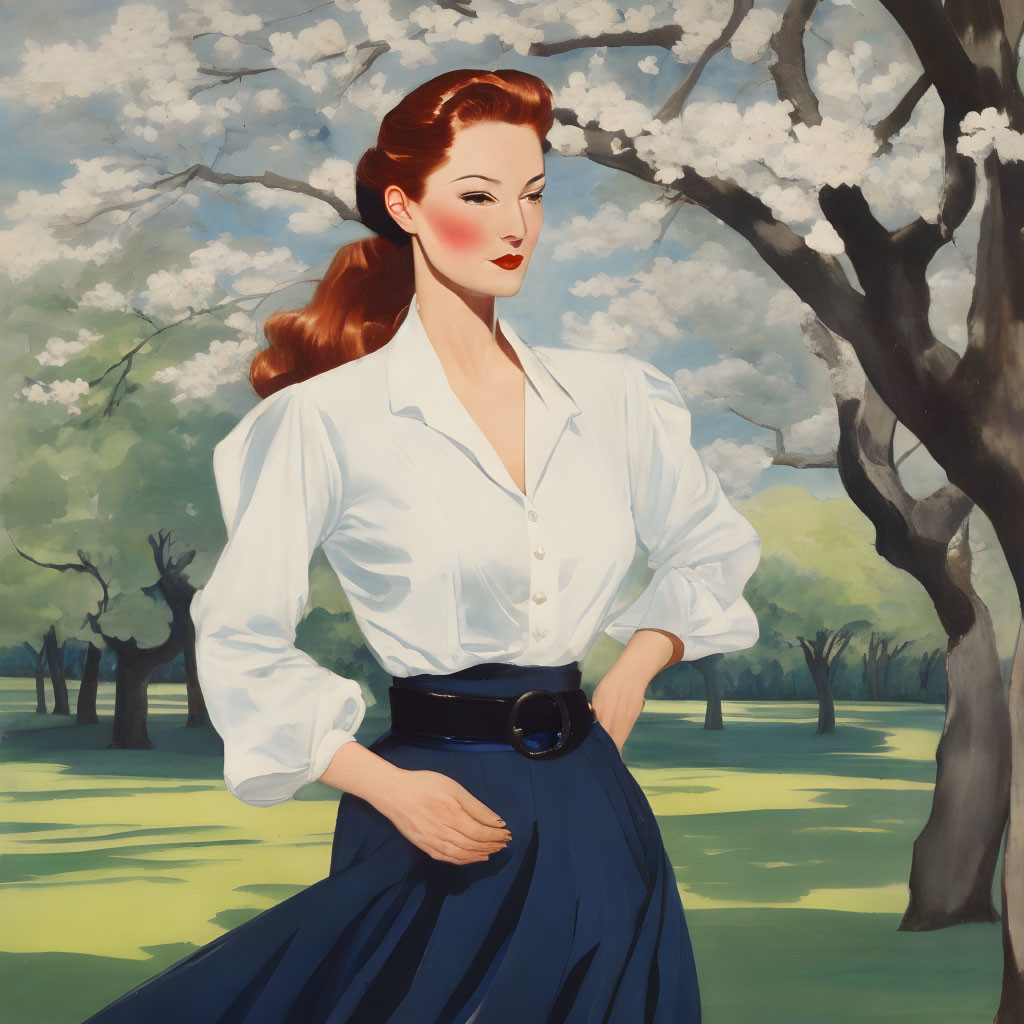 Vintage-Style Painting of Red-Haired Woman in White Blouse and Blue Skirt in Sunny Park