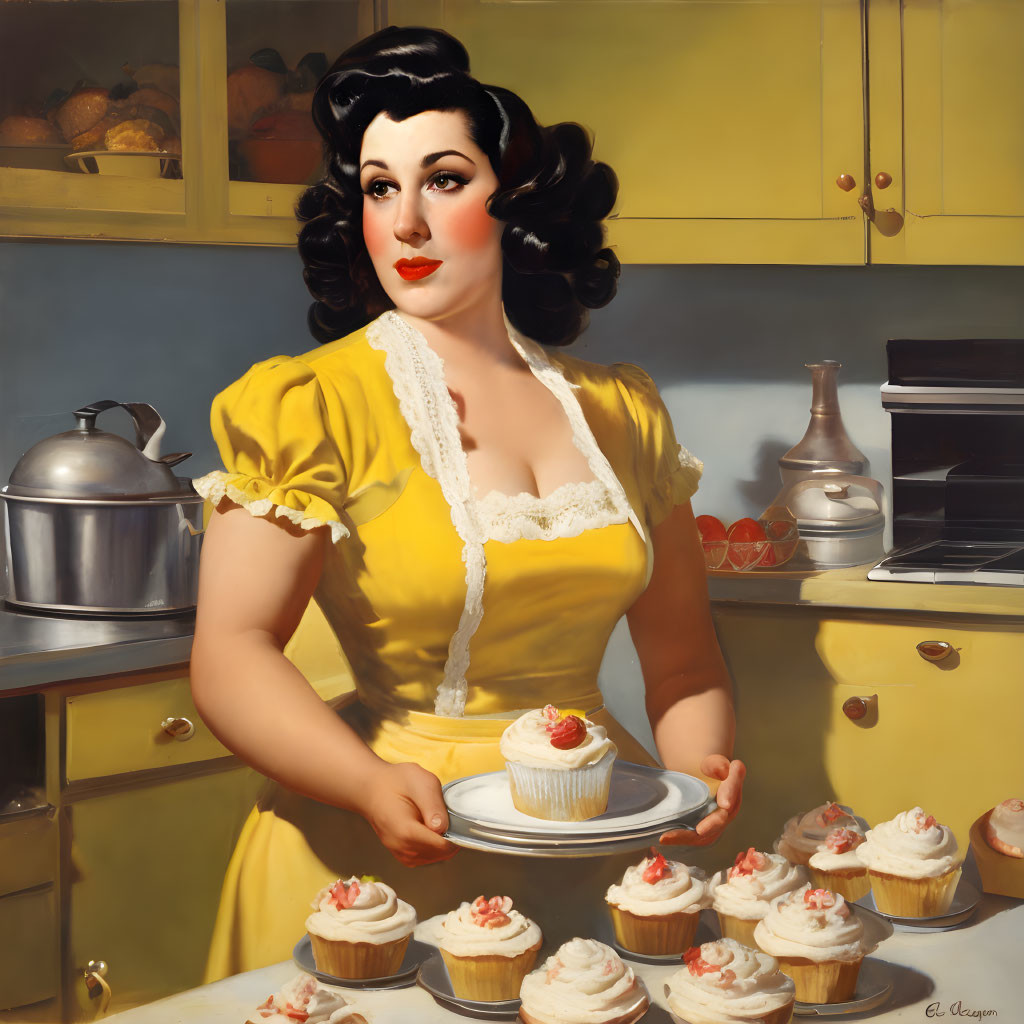 Dark-Haired Woman in Vintage Waves with Cupcakes in Retro Kitchen