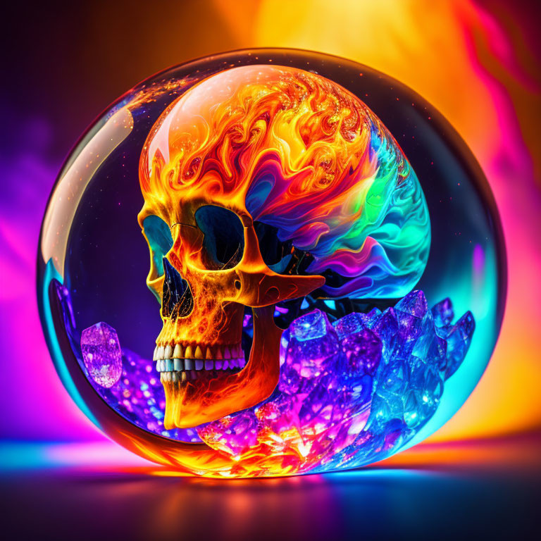 Digital artwork: Skull in bubble with flame and crystals on rainbow background