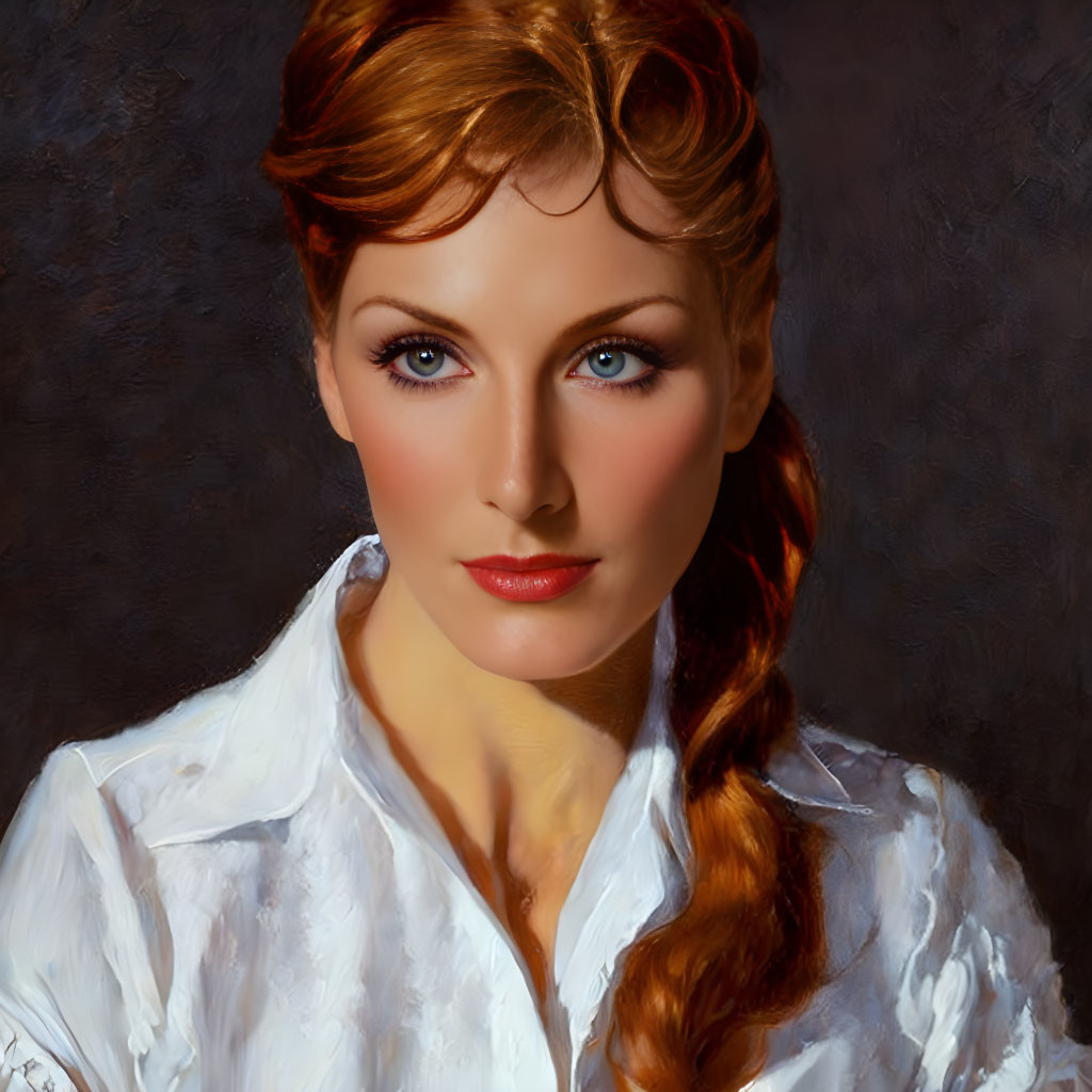 Woman with braided side ponytail in white blouse under warm lighting