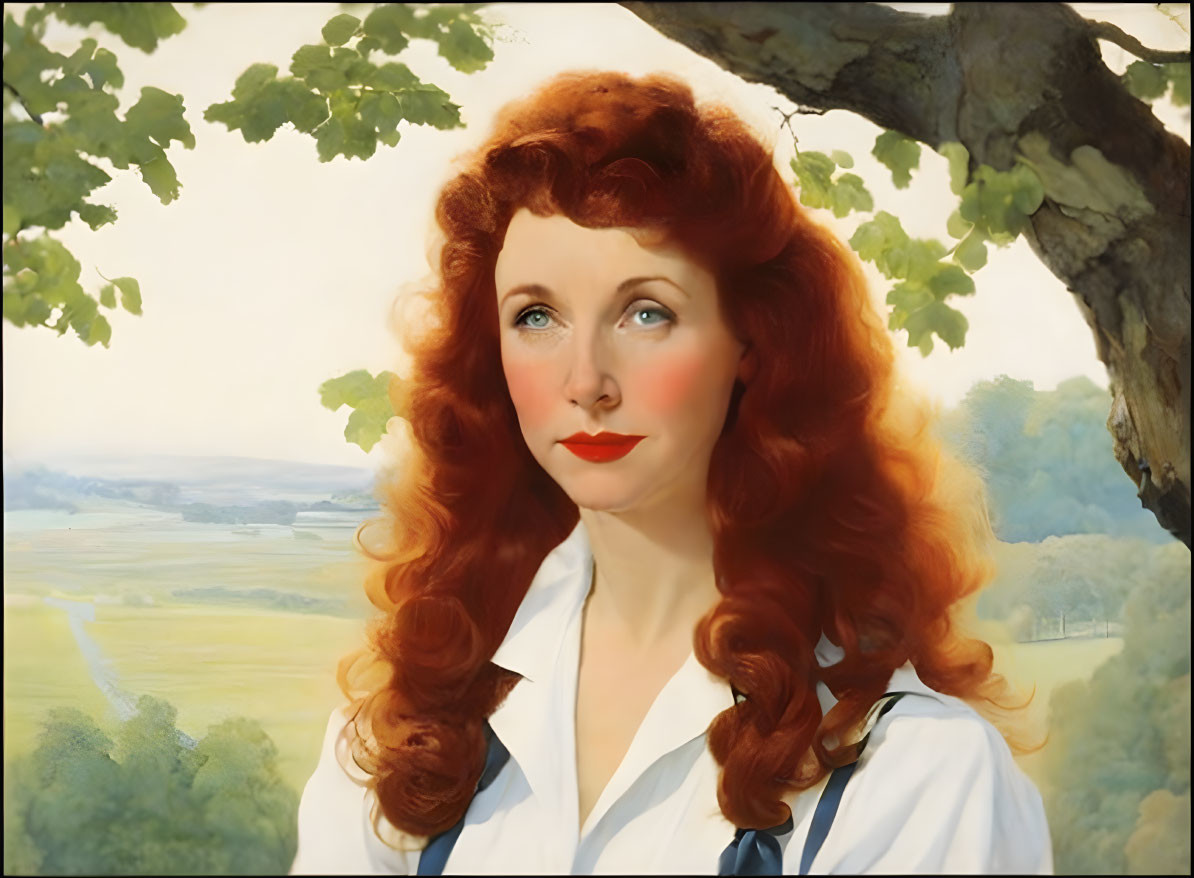 Portrait of a Woman with Red Hair and Blue Eyes in White Shirt Against Pastoral Landscape