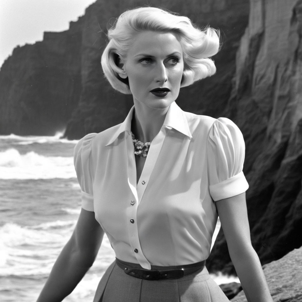 Vintage 1940s hairstyle woman in blouse and skirt by rocky shore