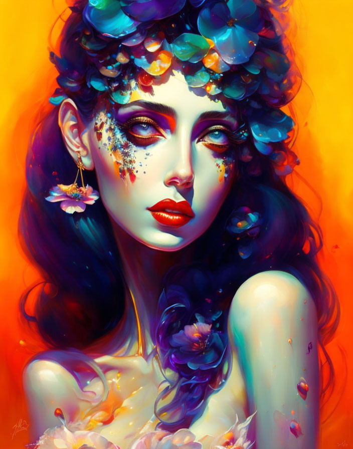 Colorful digital portrait of a woman with petals and jewels on warm orange backdrop