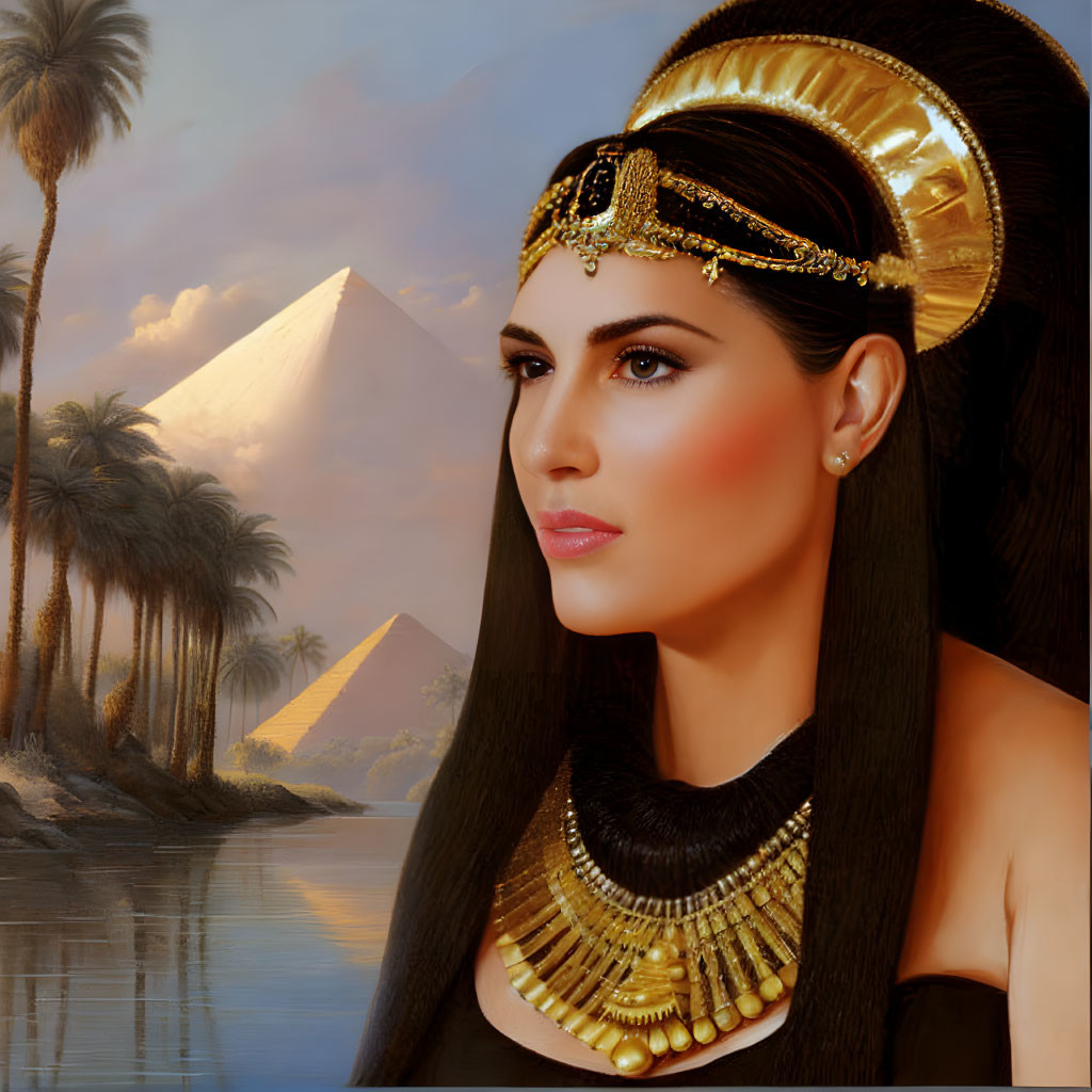 Digital portrait of woman as ancient Egyptian queen with headpiece and necklace in pyramid backdrop