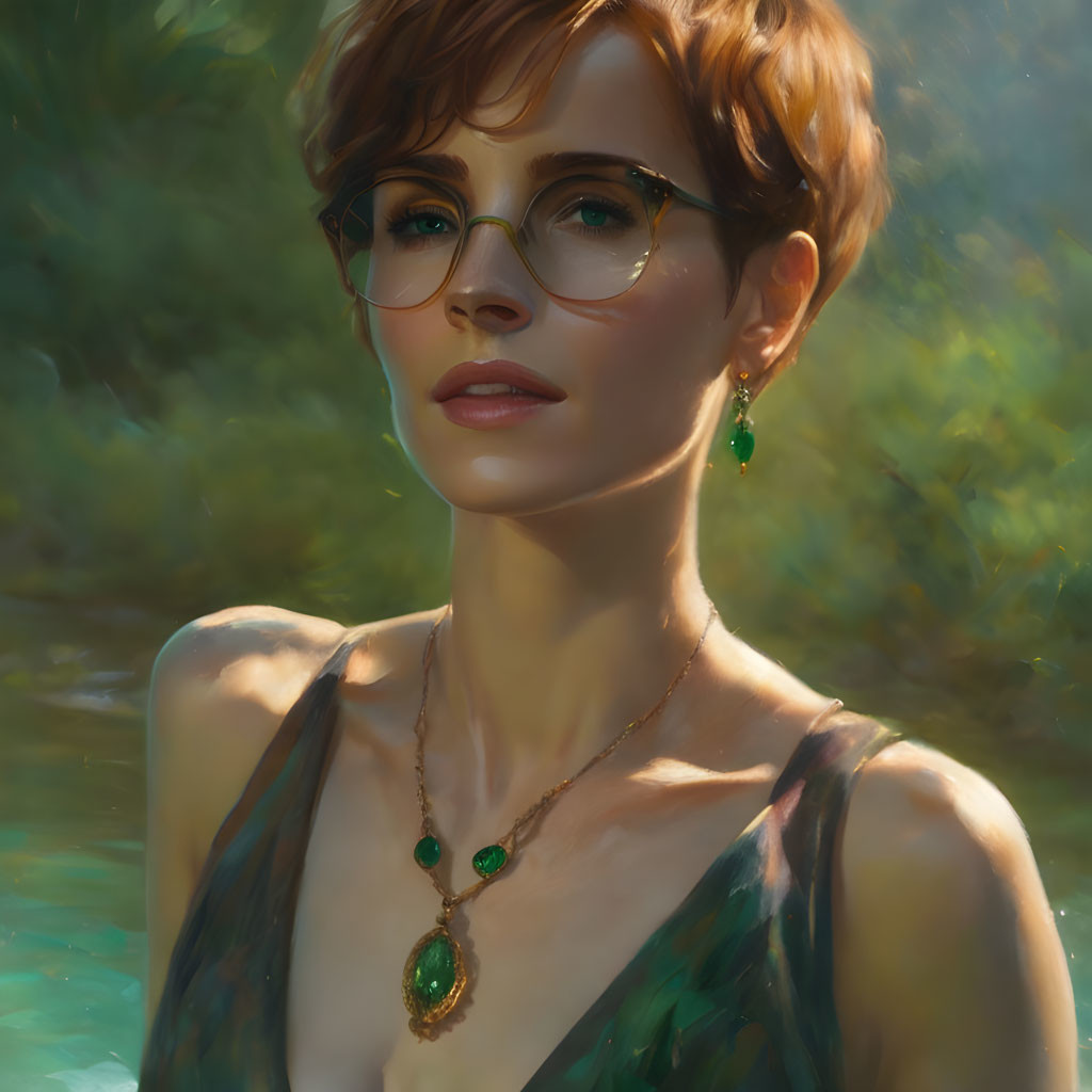 Portrait of Woman with Short Brown Hair and Glasses in Nature Setting