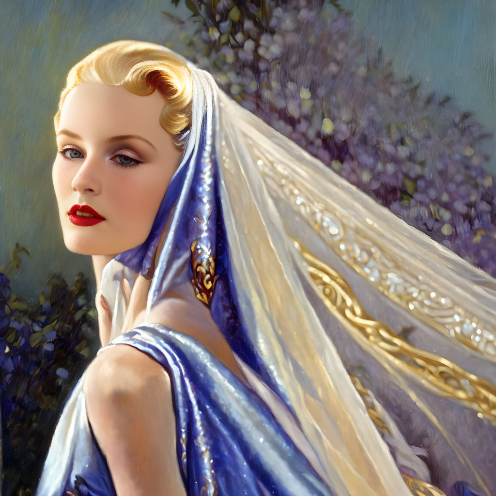 Blonde Woman Portrait in Blue and Gold Shawl