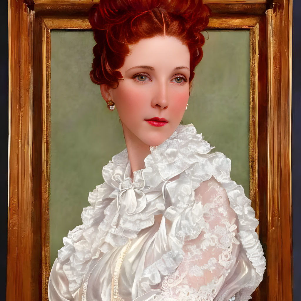 Red-haired woman in white dress with lace, framed against muted green background