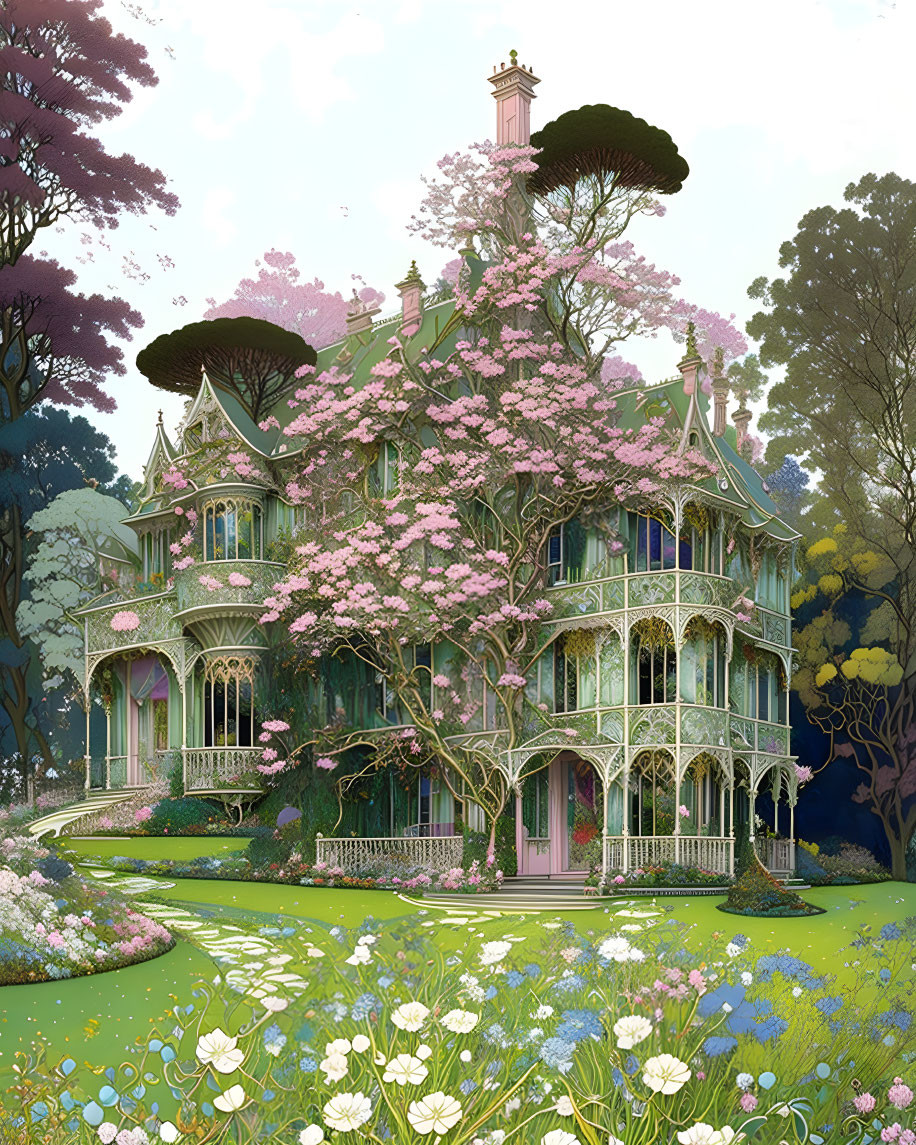 Victorian house with pink cherry trees in lush garden