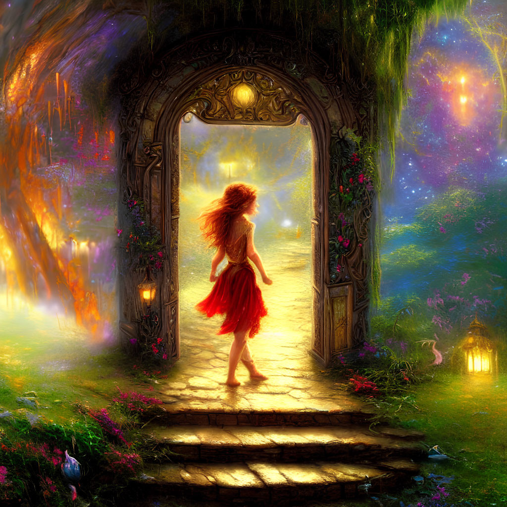 Woman in red dress entering mystical archway to luminous realm with greenery, flowers, and rabbit