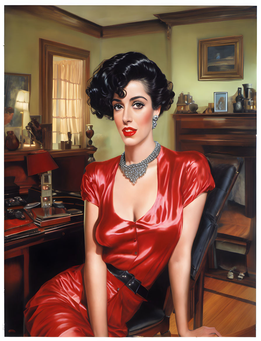 Dark-haired woman in red dress and pearls in vintage room