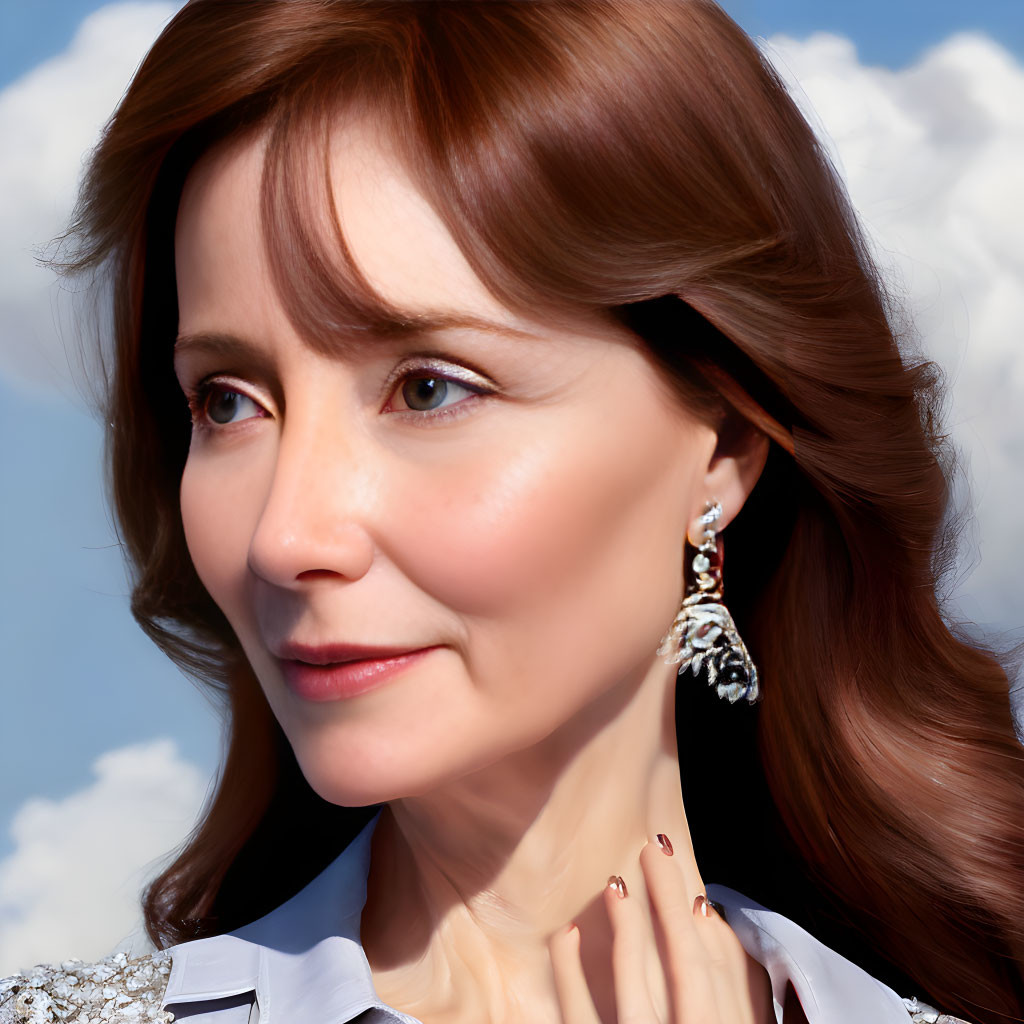 Brown-haired woman in white blouse against cloudy sky portrait.