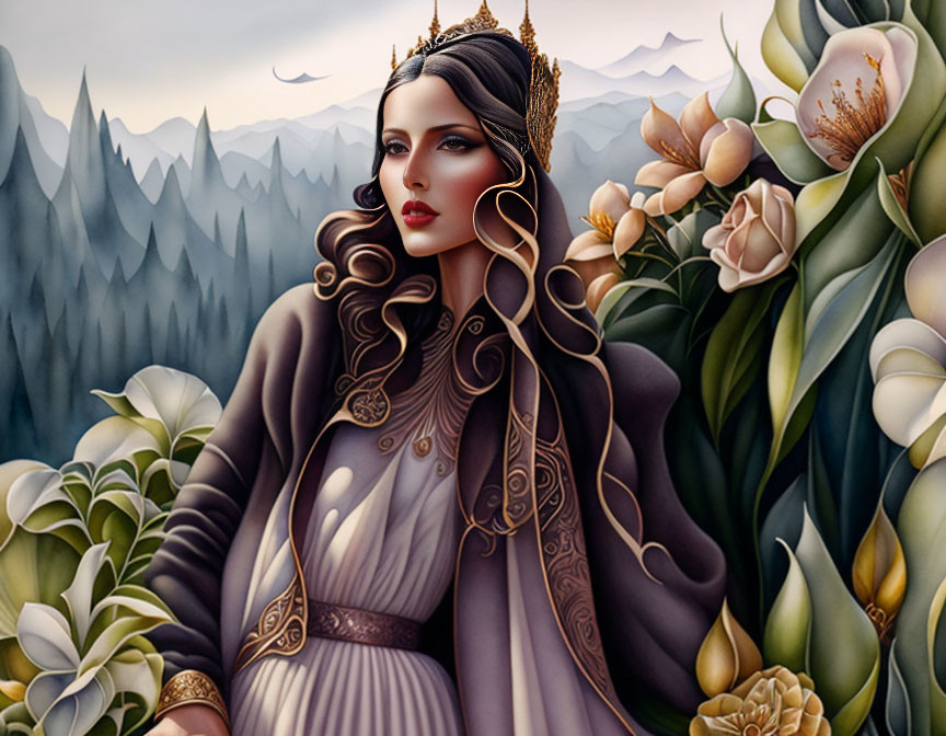 Regal woman with crown in purple cloak among magnolia flowers.