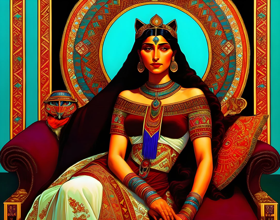 Illustration of Egyptian queen on ornate throne with cat-like figure