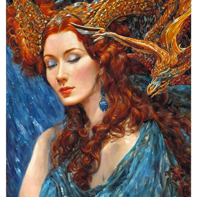 Woman with Red Hair and Dragon in Blue Garment