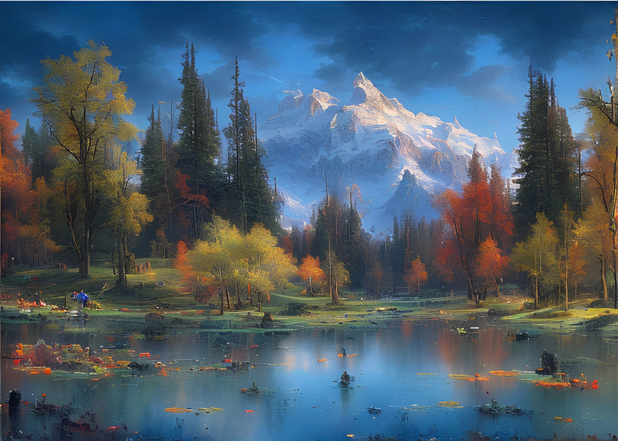 Tranquil autumn mountain scene with colorful trees and calm lake