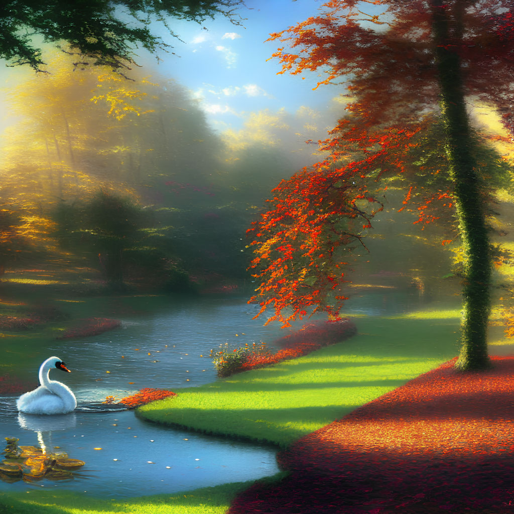 Tranquil landscape with swan, river, autumn leaves, and sunlight