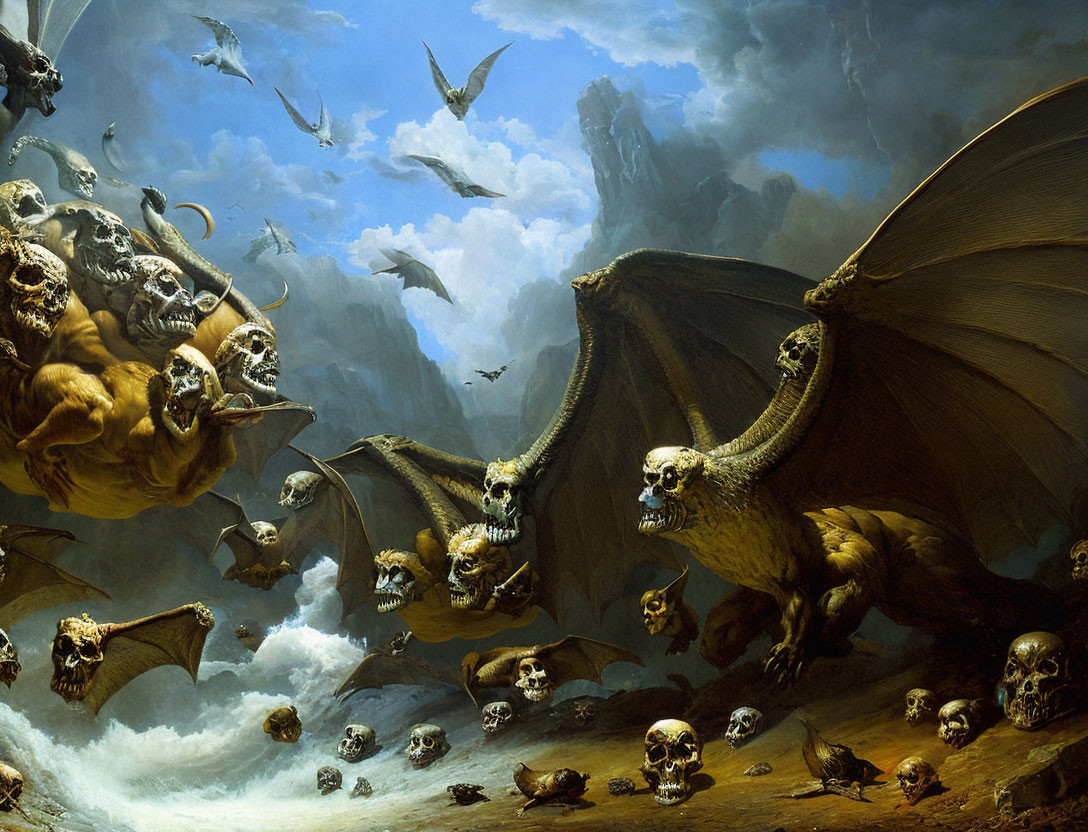 Monstrous winged creatures in chaotic sea with skulls and stormy skies