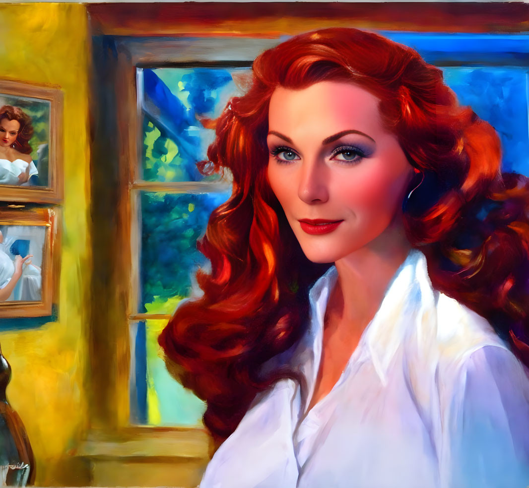 Portrait of Woman with Red Hair and Blue Eyes in White Shirt with Window Reflections