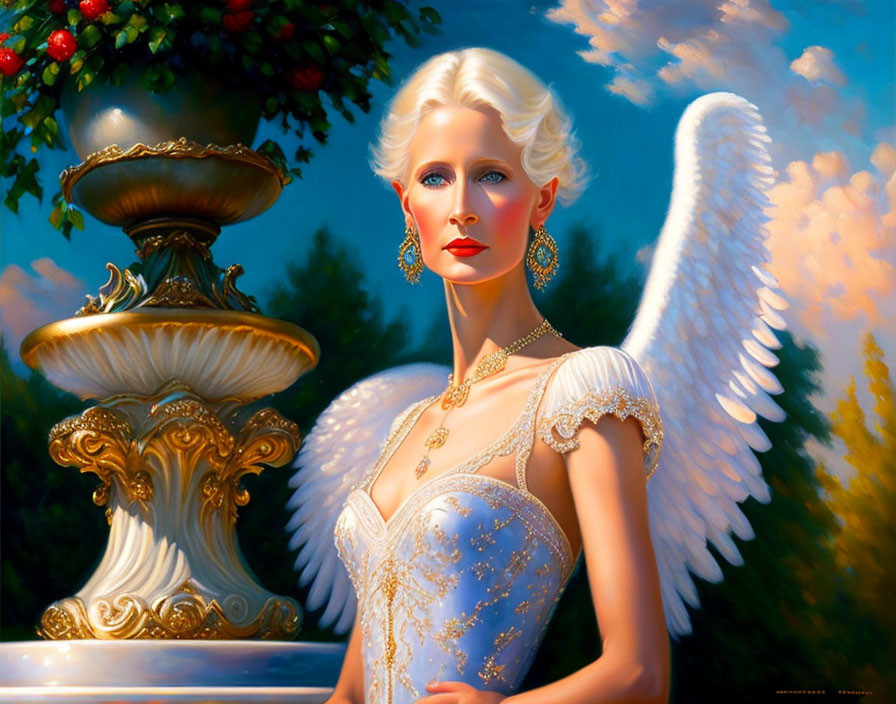 Blonde angel with white wings by stone urn and red flowers