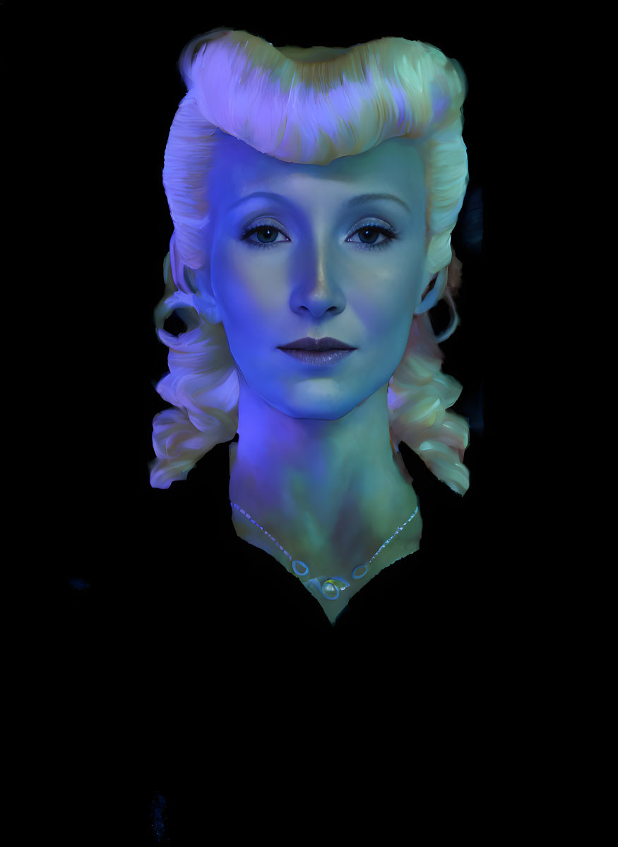 Blonde-haired woman with blue skin in vintage style on dark background