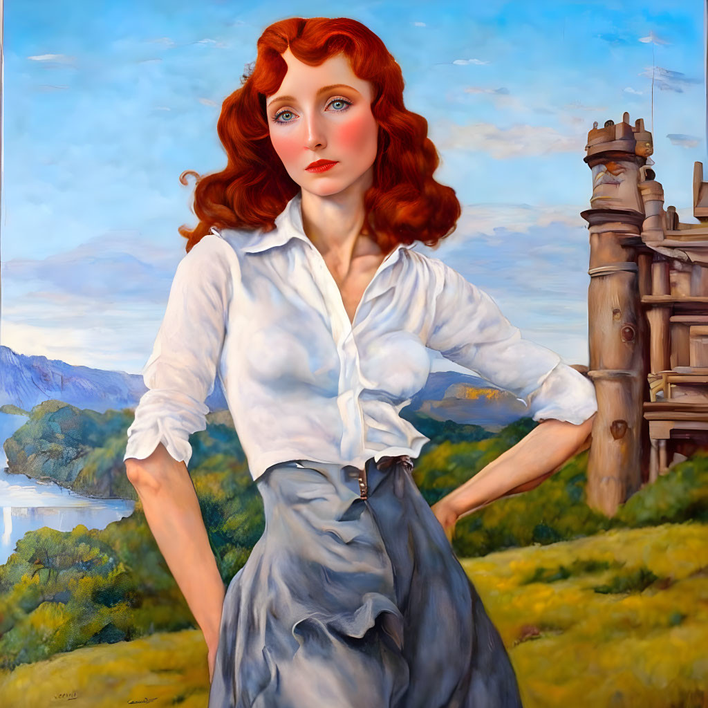 Red-Haired Woman in White Blouse and Blue Skirt Painting on Pastoral Background