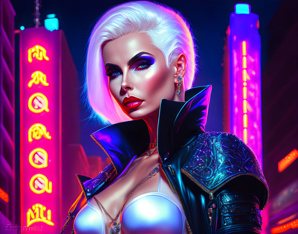 Platinum blonde woman in leather jacket against neon cityscape