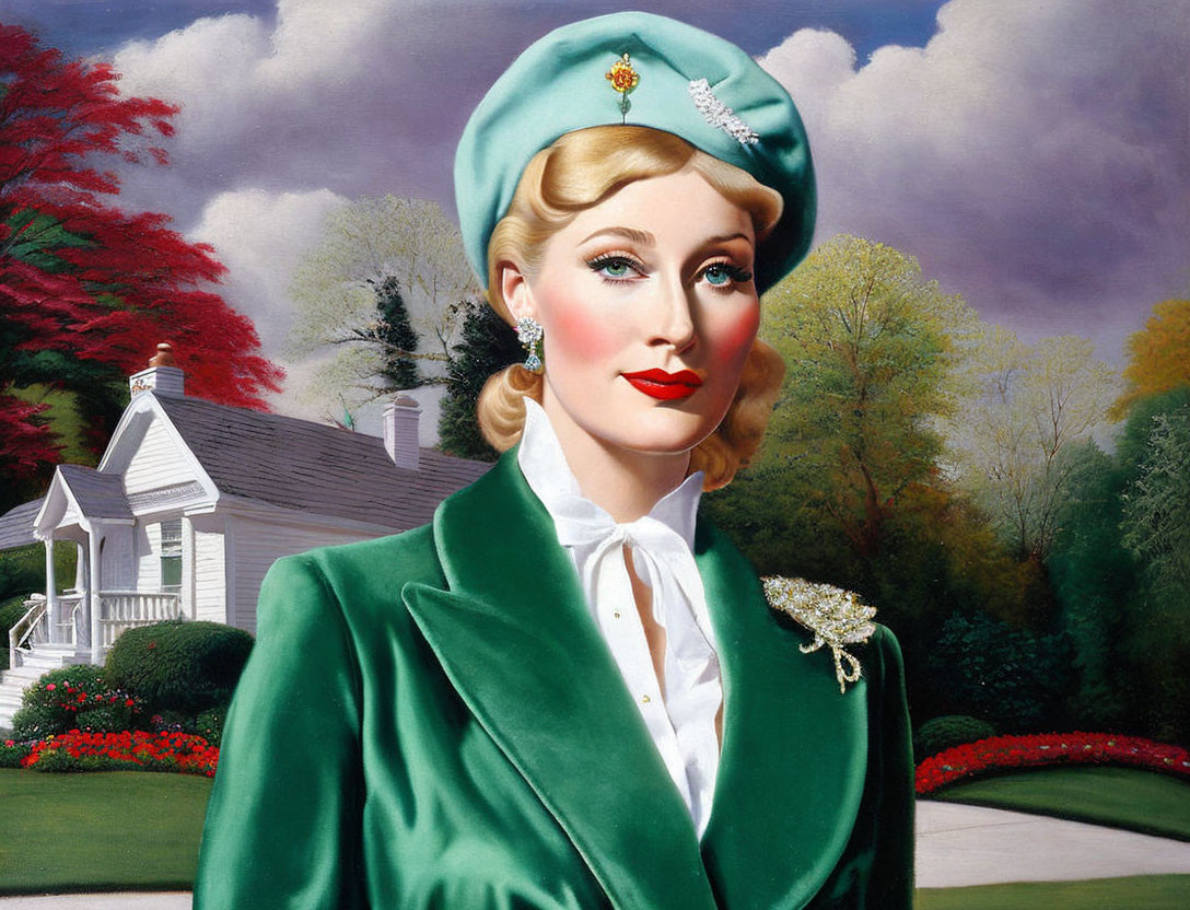 Vintage-inspired portrait of a woman in green attire against garden backdrop