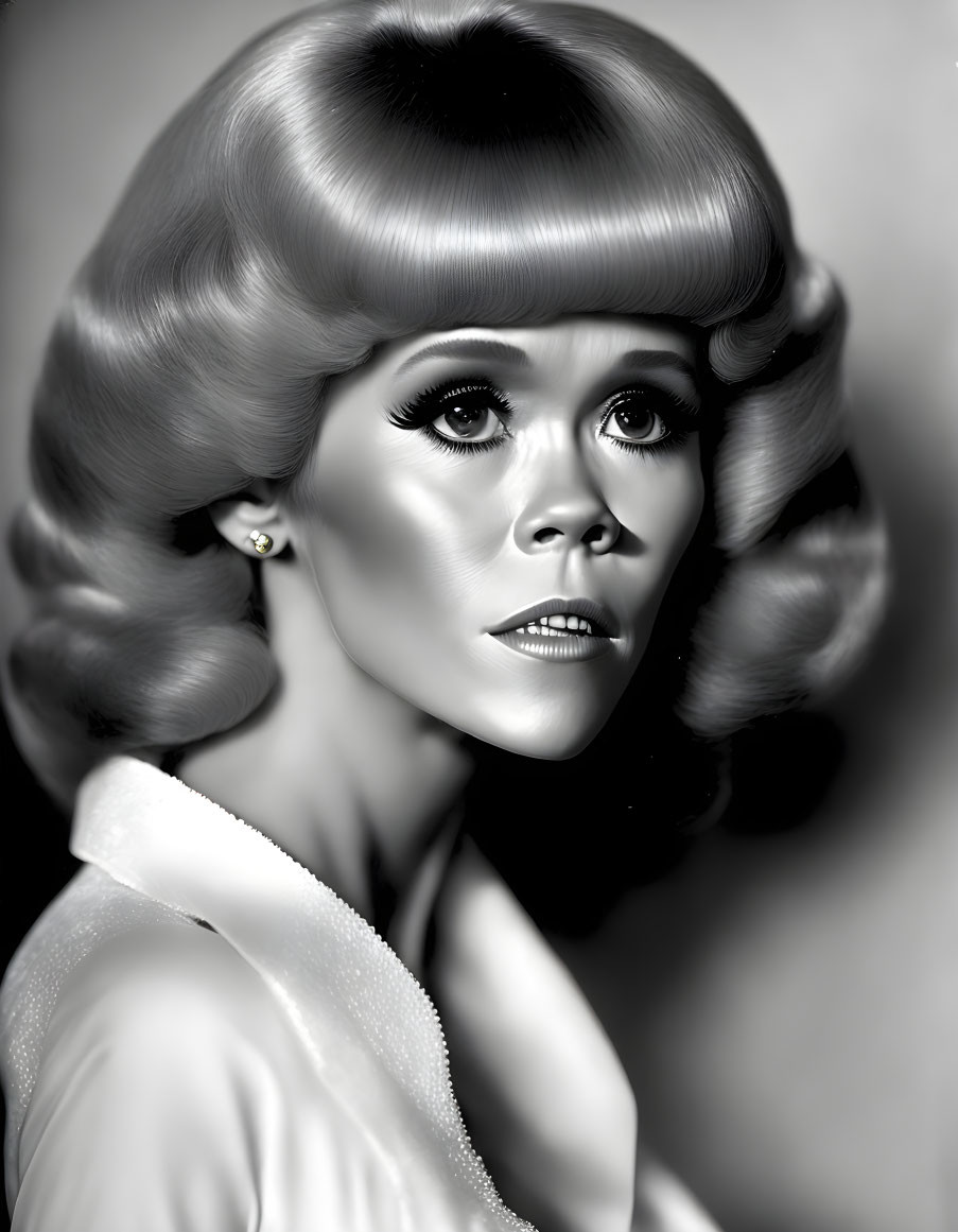 Monochrome portrait of woman with retro hairstyle and dramatic eye makeup