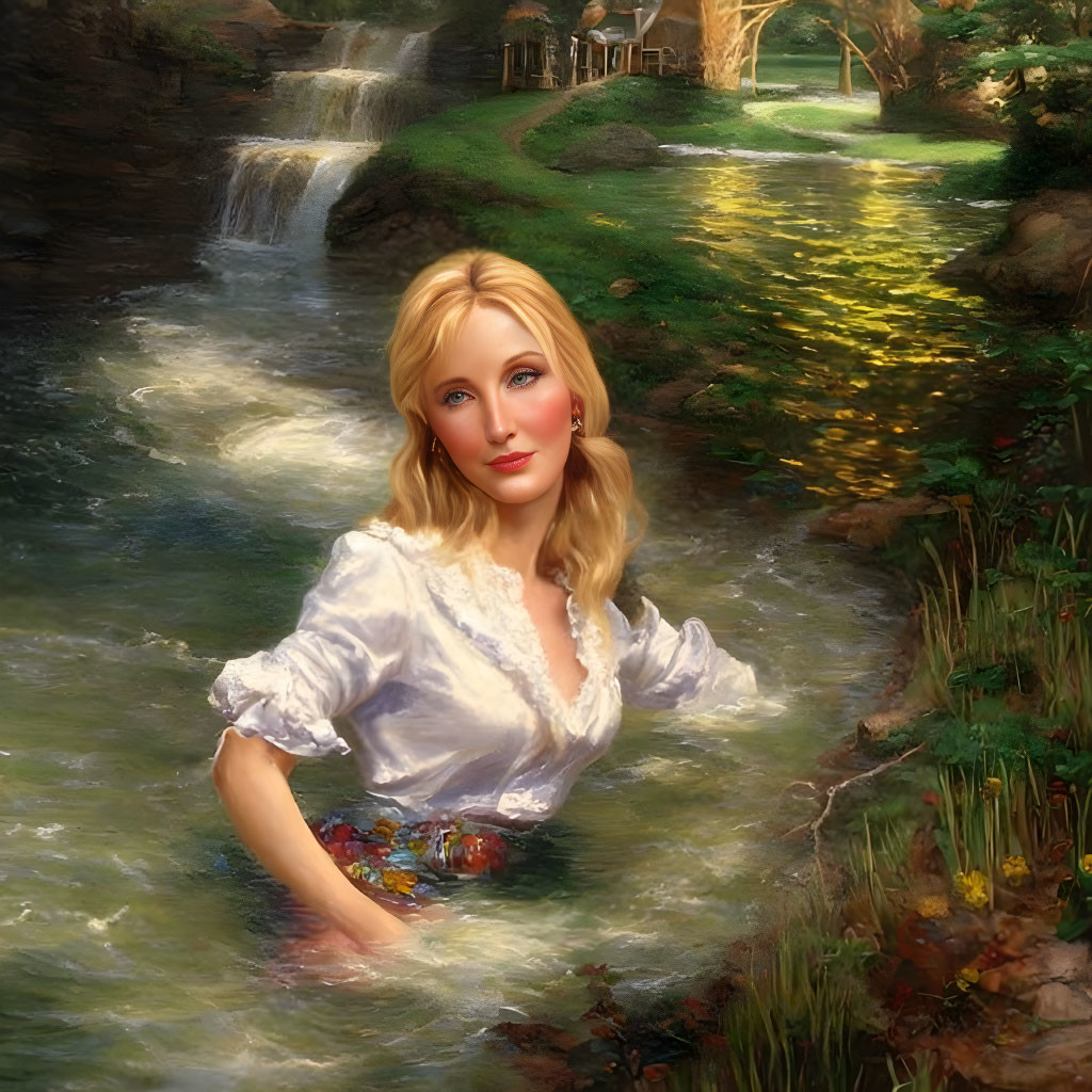 Blonde Woman in White Blouse Standing in Stream with Waterfall