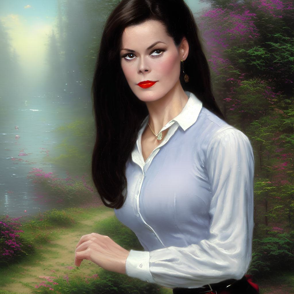 Dark-haired woman in white blouse and red belt against forest backdrop