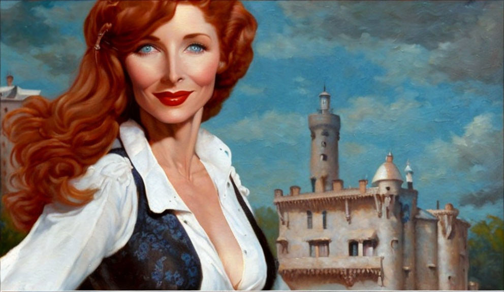 Red-Haired Woman in Vintage Clothing Against Castle and Blue Skies