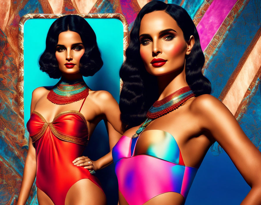 Two Dark-Haired Women in Colorful Swimsuits and Statement Necklaces on Vibrant Textured